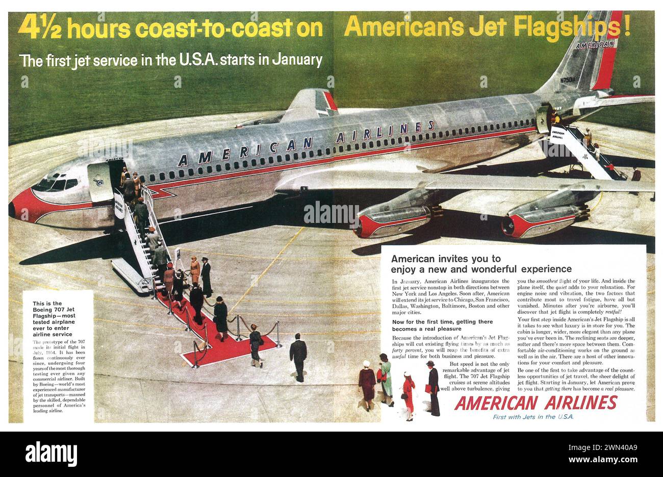 1958 American Airlines Printwerbung. Boeing 707 Jet Flaggschiff Stockfoto