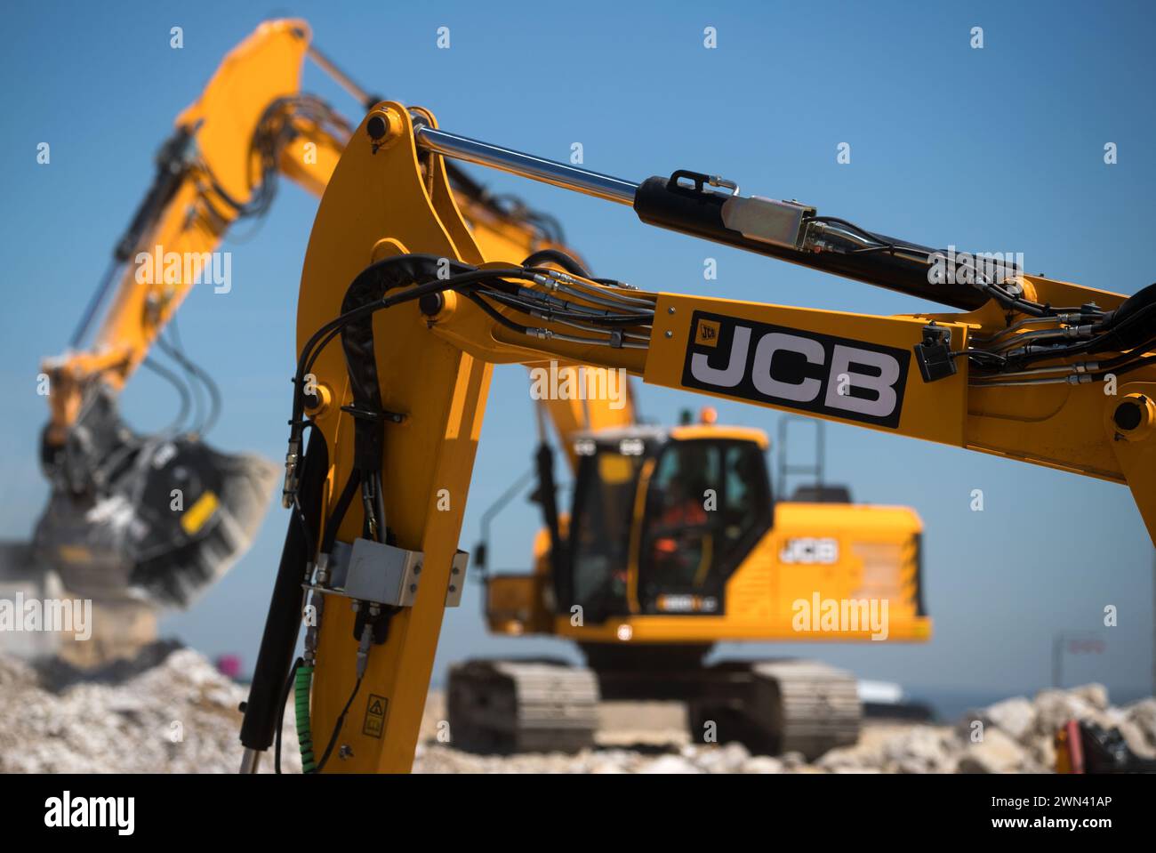 06/18 JCB Demonstrationen und Stand auf Hillhead 2018 in der Nähe von Buxton, Derbyshire. Stockfoto