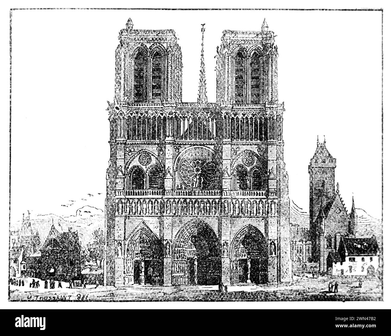 Blick auf die Westfront der Kathedrale Notre Dame, Paris, wie sie im 12. Und 13. Jahrhundert ausgesehen haben mag: Stich aus dem Leben der Heiligen von Reverend Sabin Baring-Gould, veröffentlicht 1898 Stockfoto