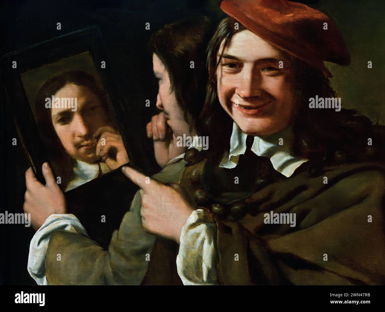 Ein Jugendlicher, der lächelnd und lustig über einen Mann schaut, der sein Spiegelbild in einem Spiegel bewundert - Allegorie der Eitelkeit. Von Michael Sweerts 1618-1664 Königliches Museum der Schönen Künste, Antwerpen, Belgien, Belgien. Stockfoto