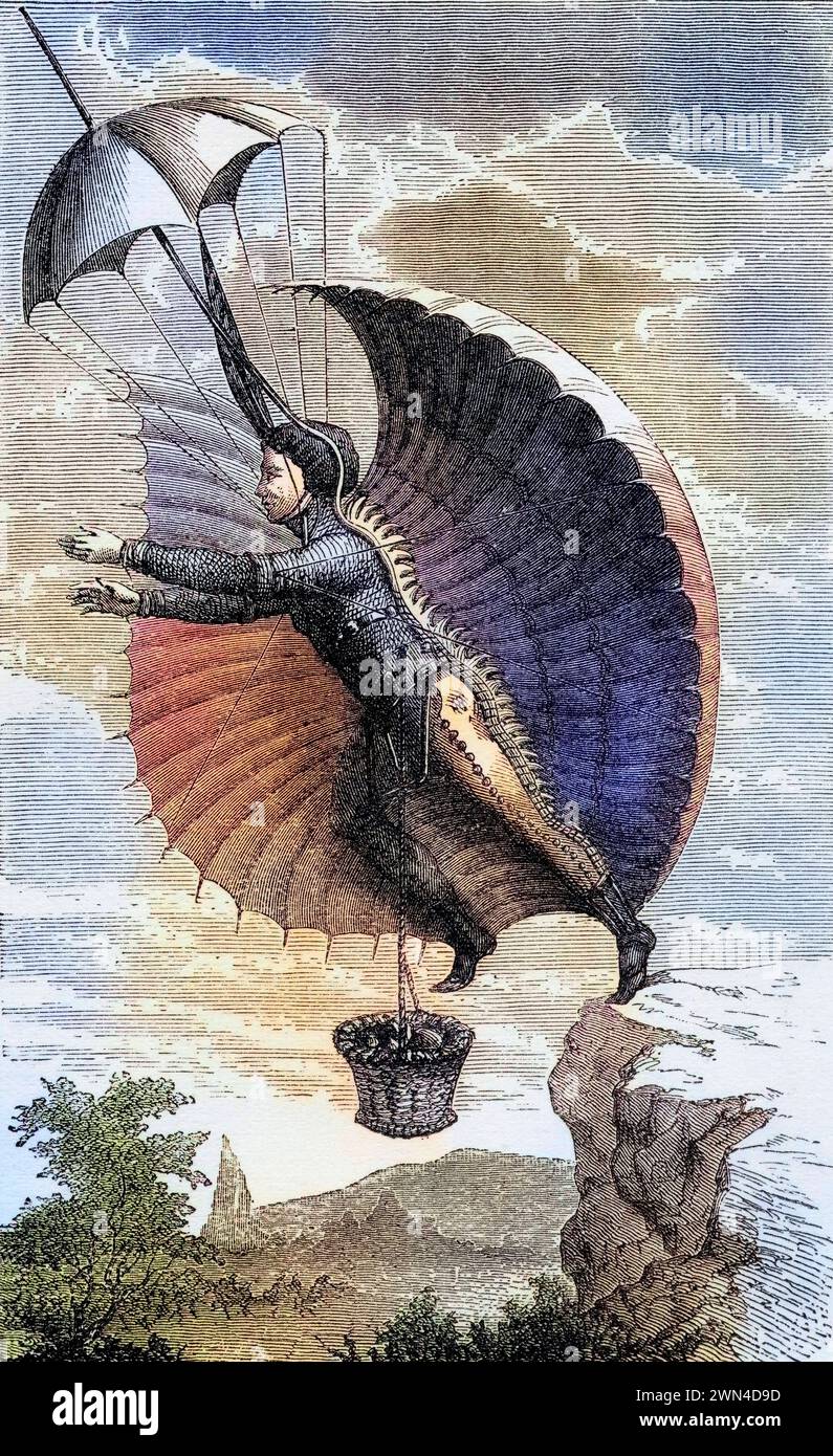 Der fliegende Mann Kupferstich nach Retif de la Bretonne / der fliegende Mann Gravur nach Retif de la Bretonne aus dem Buch wundervolle Ballonaufstiege Stockfoto