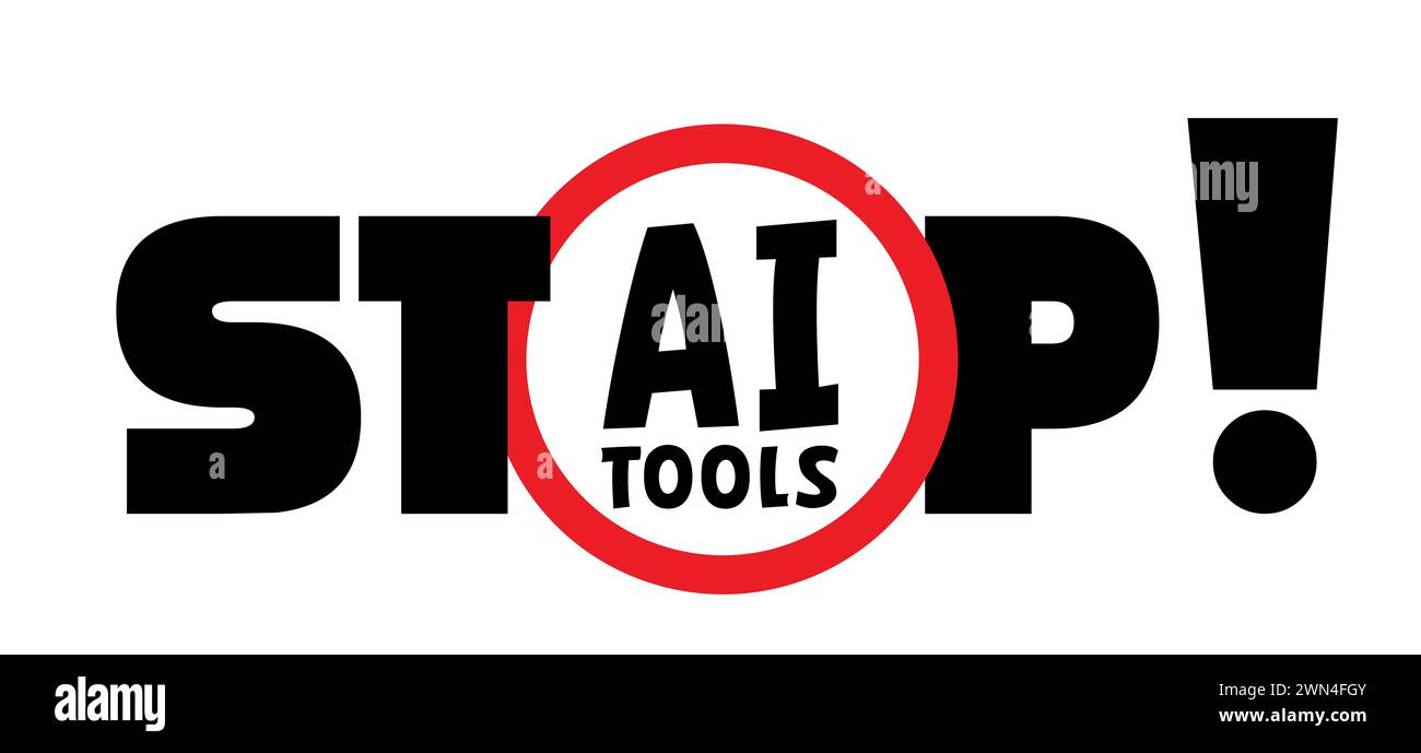Stopp, kein KI-Text, Bildgenerator. Verbotene, künstliche Intelligenz Ai. Technologie, künstliche Intelligenz, Computer und Systeme, die verstehen Stockfoto
