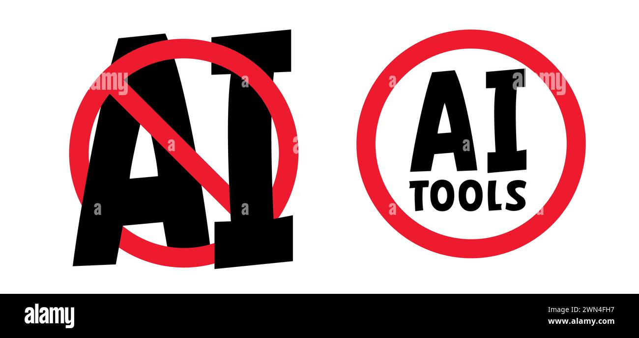 Stopp, kein KI-Text, Bildgenerator. Verbotene, künstliche Intelligenz Ai. Technologie, künstliche Intelligenz, Computer und Systeme, die verstehen Stockfoto