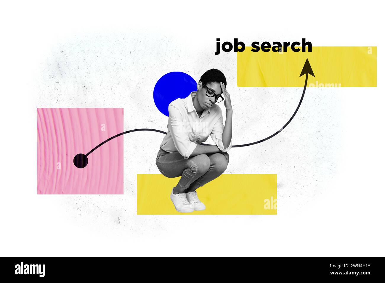 Composite Graphics Collage Bild der verstörten hoffnungslosen amerikanischen Mädchen Job Suche Vakanz cv Arbeitslosigkeit Krise isoliert auf weißem Hintergrund Stockfoto