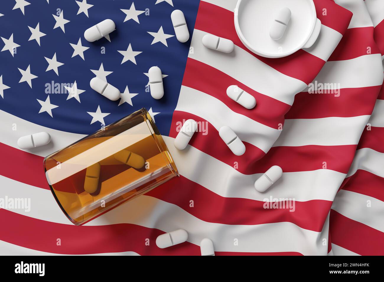 Weiße Pillen aus der orangen Flasche, die auf der Nationalflagge der USA verstreut sind. Amerikanische Pharmaindustrie, Arzneimittelvorschriften und Drogenmissbrauch Stockfoto