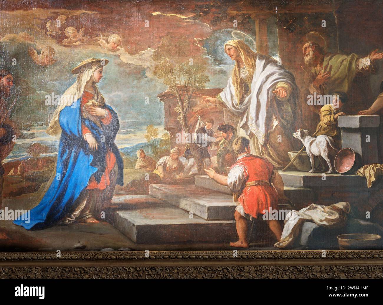 Die schwangere Maria besucht ihre Cousine Elizabeth, ein Gemälde von Luca Giordano, in der Charterhouse Chapel in London. Stockfoto