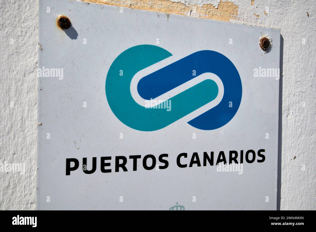 Puertos canarios Logo und Zeichen im Hafen von Corralejo, fuerteventura, Kanarischen Inseln, spanien Stockfoto
