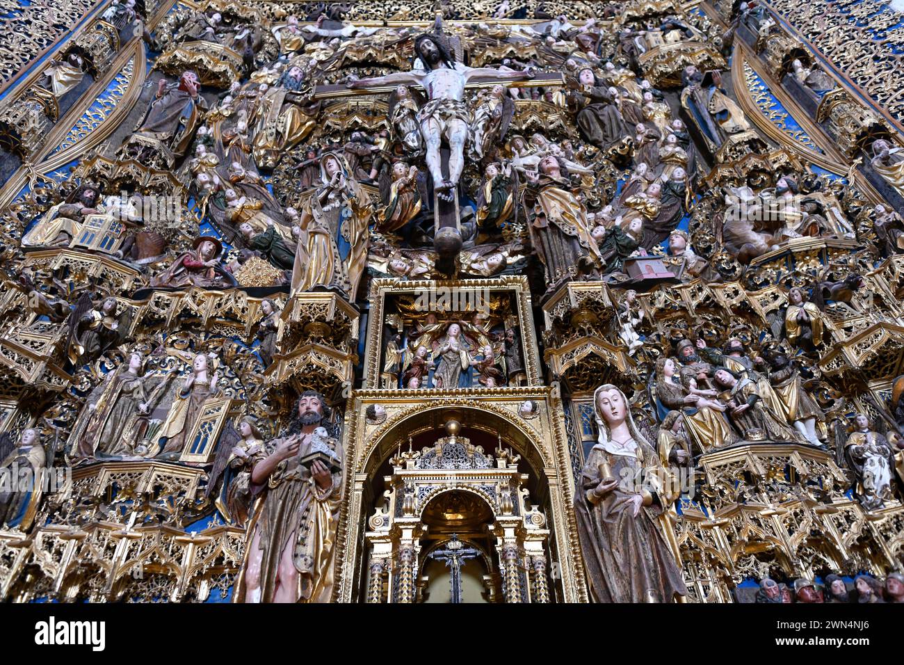 Cartuja de Santa Maria de Miraflores, gotisch 15. Jahrhundert. Hauptaltarbild von Gil de Siloe und Diego de la Cruz (15. Jahrhundert), Detail. Burgos, Castil Stockfoto