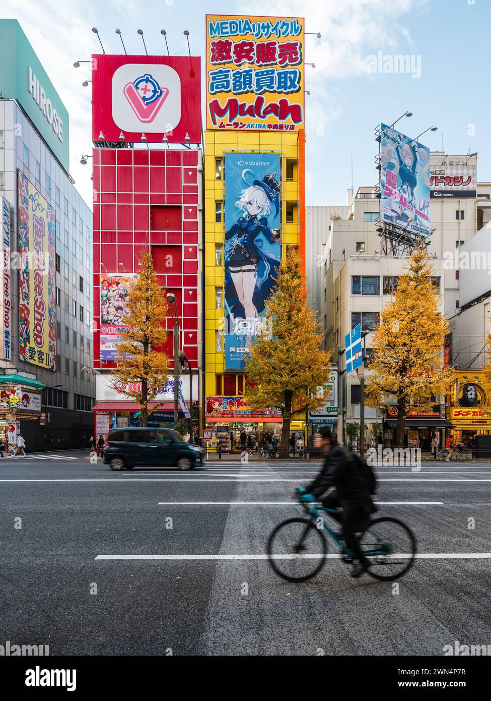 Blick auf die Straße mit bunten Schildern und Plakatwänden in Akihabara während der Herbstsaison in Tokio, Japan. Stockfoto