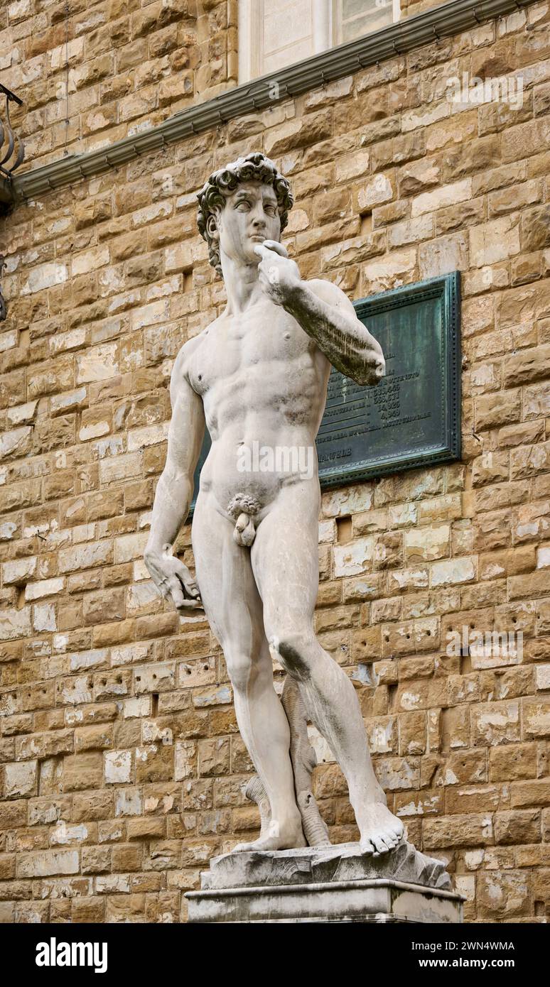 Davidsstatue, Palazzo Vecchio, Piazza della Signoria, Florenz, Toskana, Italien Stockfoto