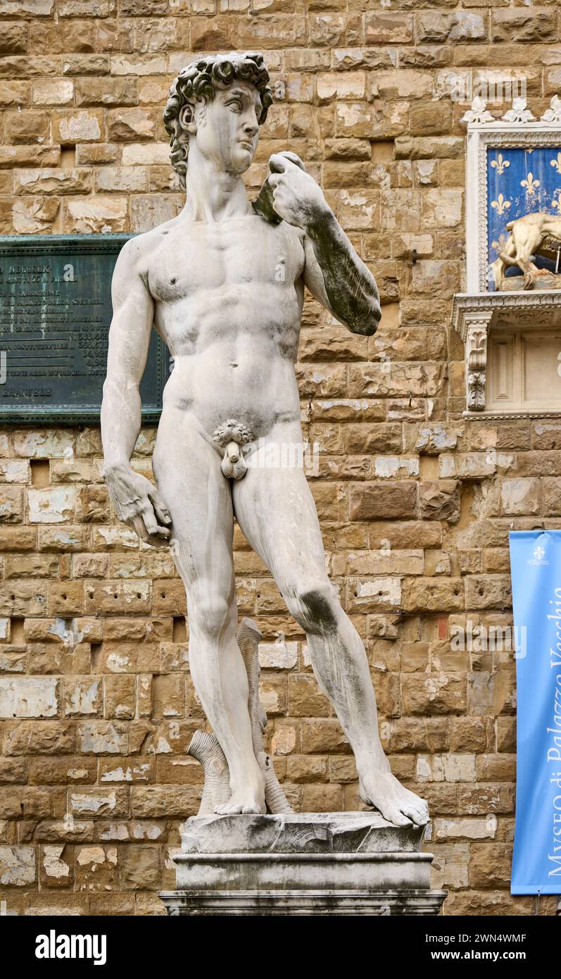 Davidsstatue, Palazzo Vecchio, Piazza della Signoria, Florenz, Toskana, Italien Stockfoto