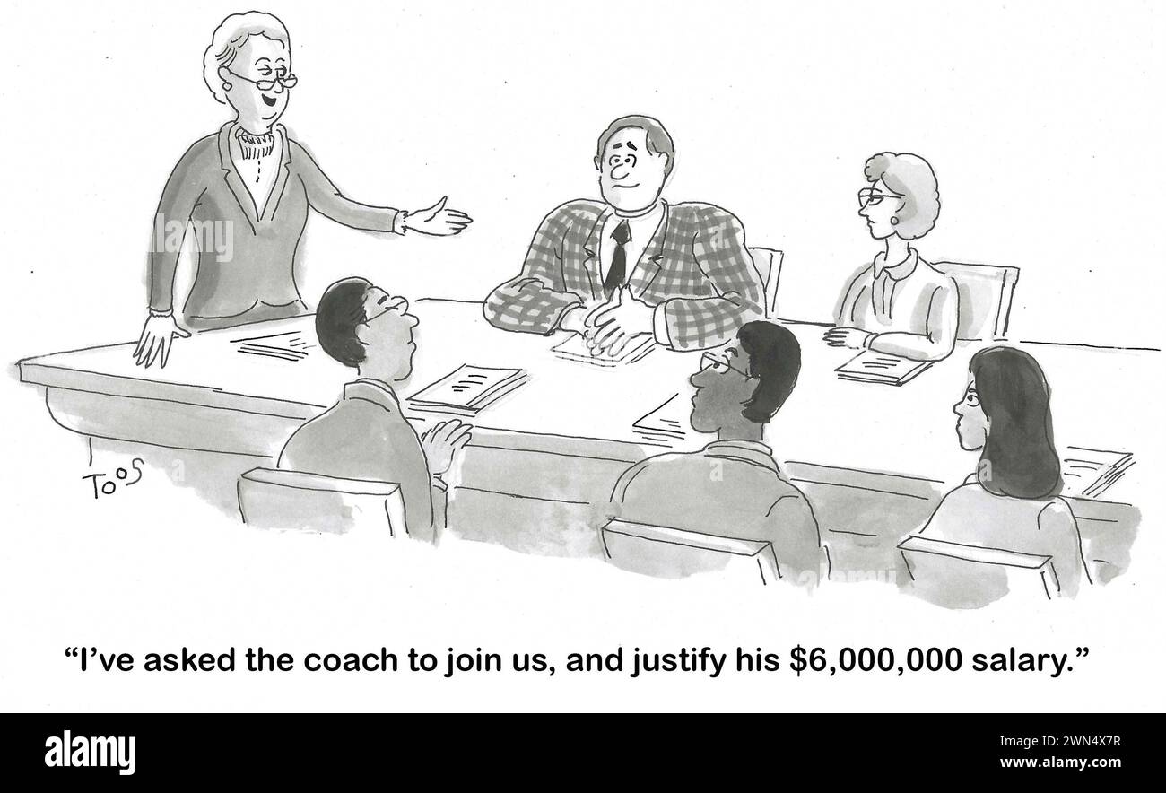 BW-Cartoon eines Treffens. Die Anführerin hat den Athletic Coach eingeladen zu reden, um sein riesiges Gehalt von 6 Millionen Dollar zu rechtfertigen. Stockfoto
