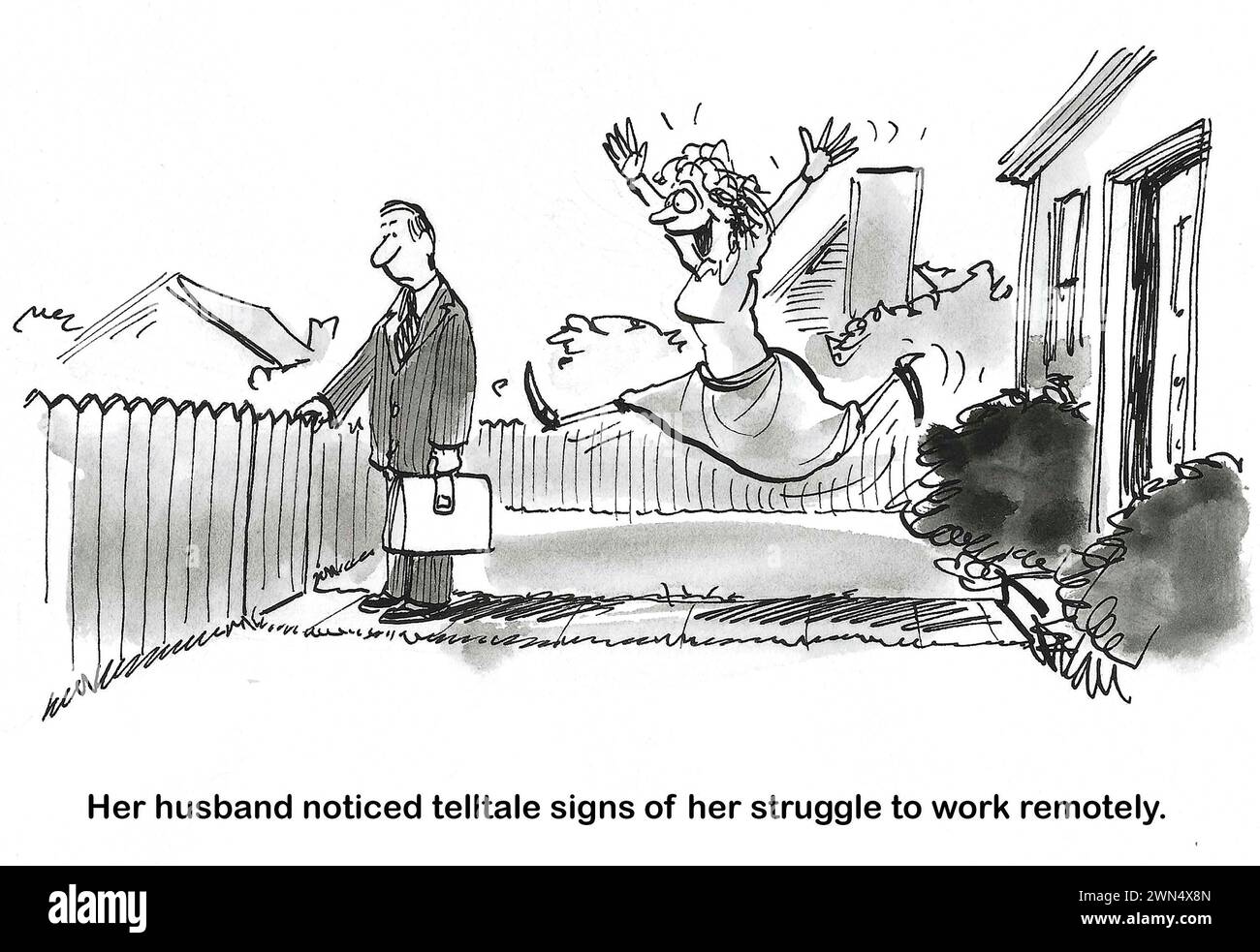 BW-Cartoon einer Frau, die einsam und begeistert ist, als ihr Mann von seinem Büro nach Hause zurückkehrt. Stockfoto