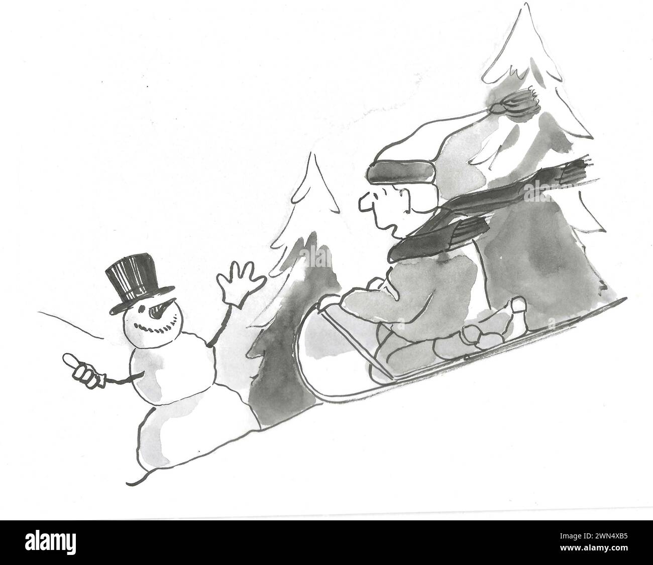 BW-Cartoon eines Jungen, der in den Bergen Schlitten fährt, und eines Schneemanns, der per Anhalter fährt und eine Fahrt wünscht. Stockfoto