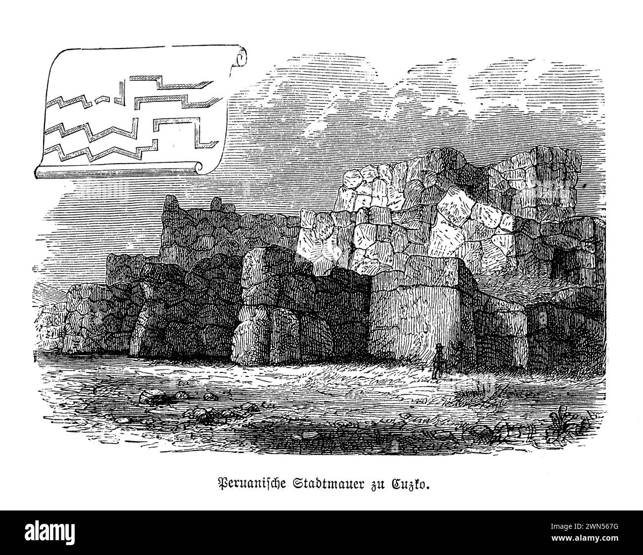 Die Mauer von Sacsayhuamán, ein Wunder der Inka-Architektur, erhebt sich in der historischen Stadt Cusco, Peru. Diese kolossale Kalksteinfestung mit ihren massiven, eng ineinander greifenden Steinen zeigt die außergewöhnliche Handwerkskunst und Ingenieurskunst der Inkas. Sacsayhuamán Zickzack-Wände symbolisieren die Zähne eines pumas und verbinden ihn mystisch mit der Inka-Hauptstadt. Der strategische Aussichtspunkt bietet einen weiten Blick auf Cusco, der Besucher mit der spirituellen und irdischen Macht des Inka-Reiches verbindet. Spazieren Sie zwischen diesen alten Steinen Stockfoto
