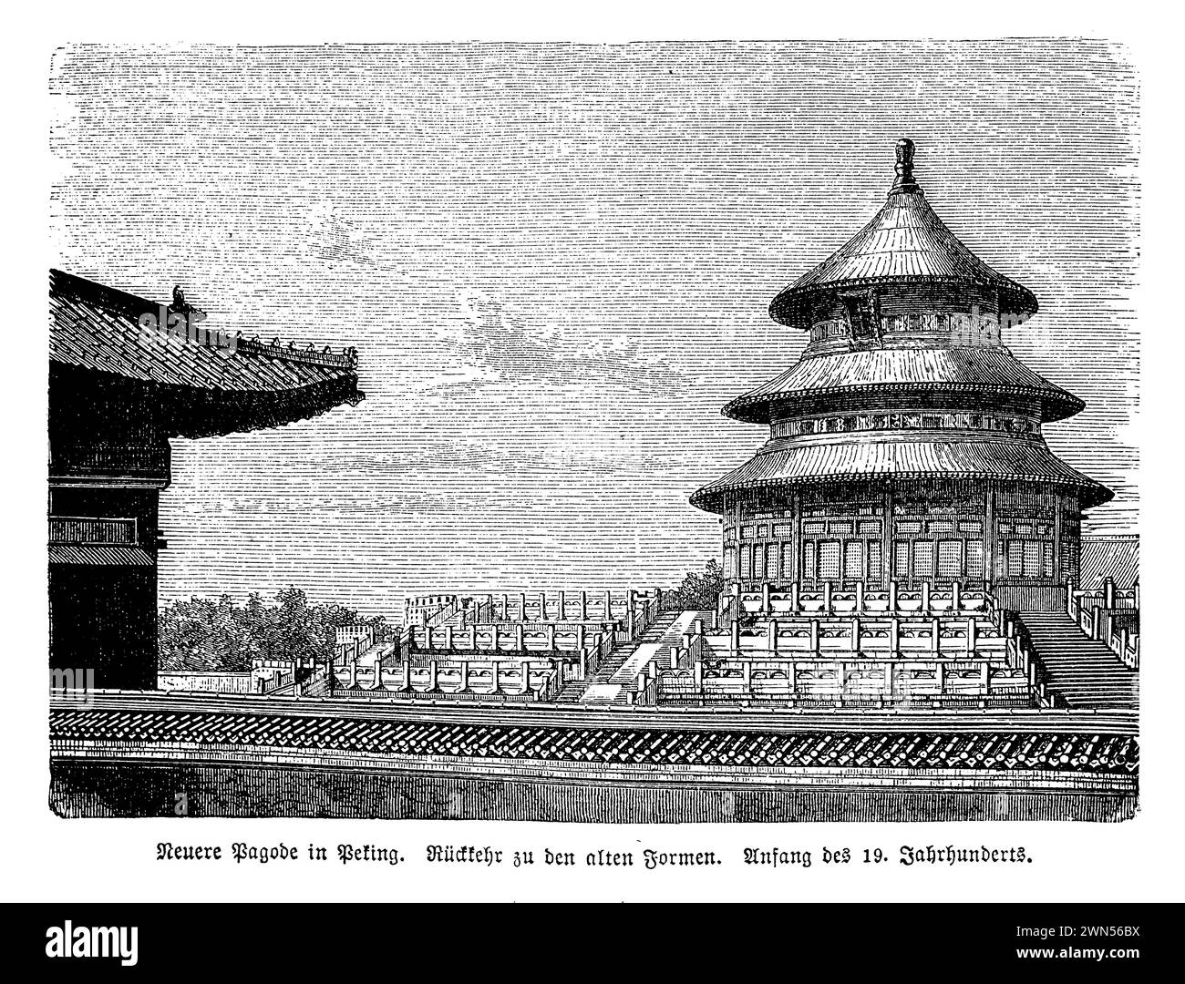 Der Tempel des Himmels, der sich im Südosten von Peking befindet, ist ein weitläufiger Komplex religiöser Gebäude, die die Beziehung zwischen Himmel und Erde symbolisieren und für das spirituelle und politische Leben der Ming- und Qing-Dynastien von zentraler Bedeutung sind. Im frühen 15. Jahrhundert erbaut, führten die Kaiser, die als die Söhne des Himmels angesehen wurden, aufwändige Rituale und Opfer durch, um eine reiche Ernte und den Wohlstand des Reiches zu gewährleisten. Die Architektur ist ein Meisterwerk symbolischer Präzision, mit dem runden Gebetssaal für gute Ernten, der ohne einen einzigen Nagel gebaut wurde. Stockfoto Der Tempel des Himmels, der sich im Südosten von Peking befindet, ist ein weitläufiger Komplex religiöser Gebäude, die die Beziehung zwischen Himmel und Erde symbolisieren und für das spirituelle und politische Leben der Ming- und Qing-Dynastien von zentraler Bedeutung sind. Im frühen 15. Jahrhundert erbaut, führten die Kaiser, die als die Söhne des Himmels angesehen wurden, aufwändige Rituale und Opfer durch, um eine reiche Ernte und den Wohlstand des Reiches zu gewährleisten. Die Architektur ist ein Meisterwerk symbolischer Präzision, mit dem runden Gebetssaal für gute Ernten, der ohne einen einzigen Nagel gebaut wurde. Stockfoto