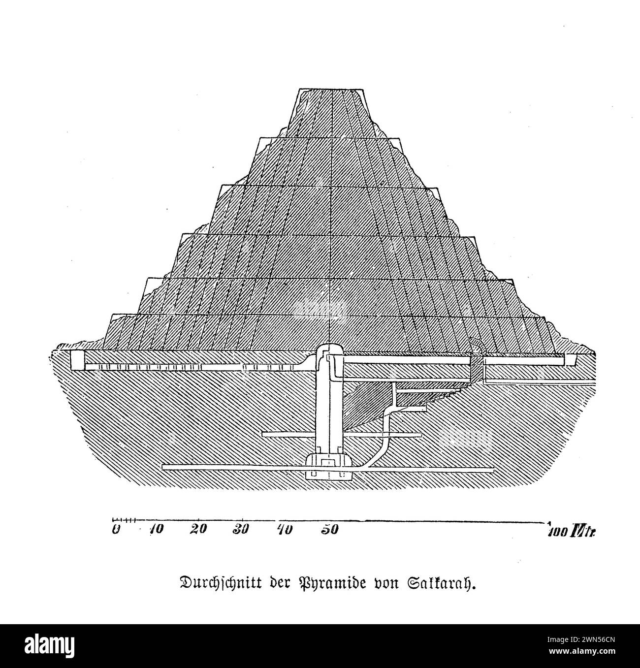 Die Pyramide von Djoser, die sich in der ägyptischen Nekropole von Sakkara befindet, ist eines der ältesten kolossalen Steinbauten in der ägyptischen Geschichte und gilt als erster großformatiger Steinbau. Sie wurde im 27. Jahrhundert v. Chr. für die Beerdigung des Pharao Djoser durch seinen Architekten Imhotep errichtet. Diese Struktur ist ein Paradebeispiel für die frühe monumentale Architektur, stellt eine bedeutende Abkehr von den traditionellen Mastaba-Gräbern dieser Zeit dar und ebnet den Weg für die spätere Entwicklung der Pyramiden von Gizeh Stockfoto