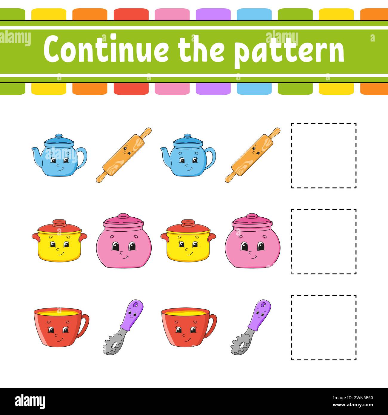 Fahren Sie mit dem Muster fort. Arbeitsblatt zur Entwicklung von Bildungsmaßnahmen. Spiel für Kinder. Aktivität". Puzzle für Kinder. Rätsel für die Vorschule. Niedlicher Cartoon-Stil. Vec Stock Vektor
