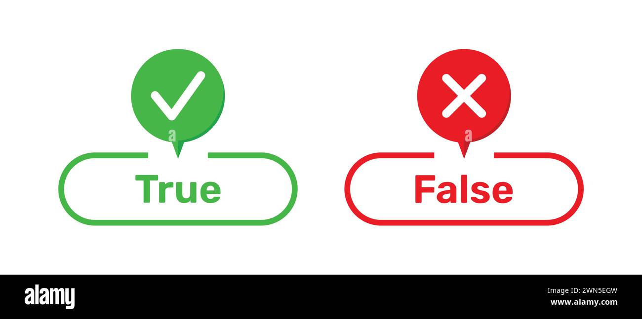 Richtige und falsche Symbole mit den Schaltflächen wahr und falsch in Grün und Rot. Die Schaltflächen wahr und falsch mit den Symbolen richtig und falsch. Symbolfarbe des Kontrollkästchens. Stock Vektor