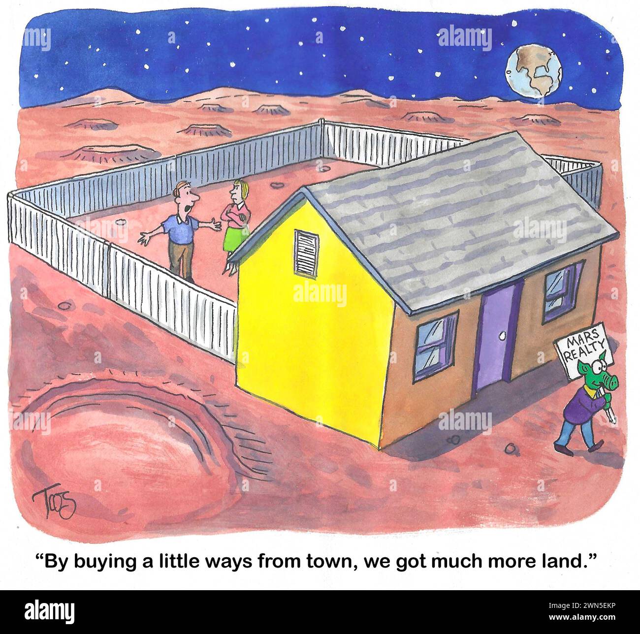 Farb-Cartoon einer Familie, die Land außerhalb der Stadt kaufte, um mehr Eigentum auf dem Mars zu bekommen Stockfoto