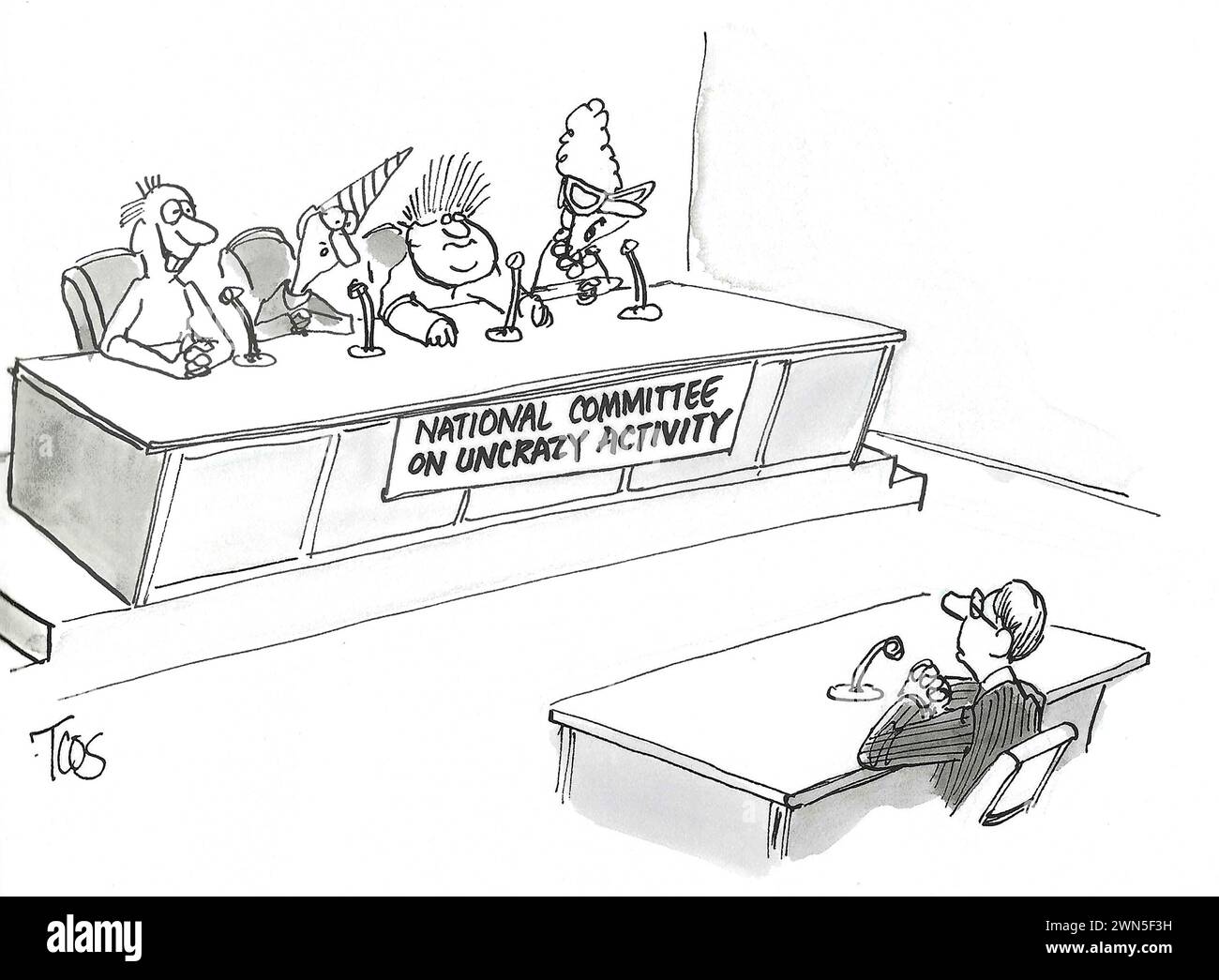 BW-Cartoon des „Unverrückten Komitees“, der die Beiträge einer „normalen“ Person hört. Stockfoto