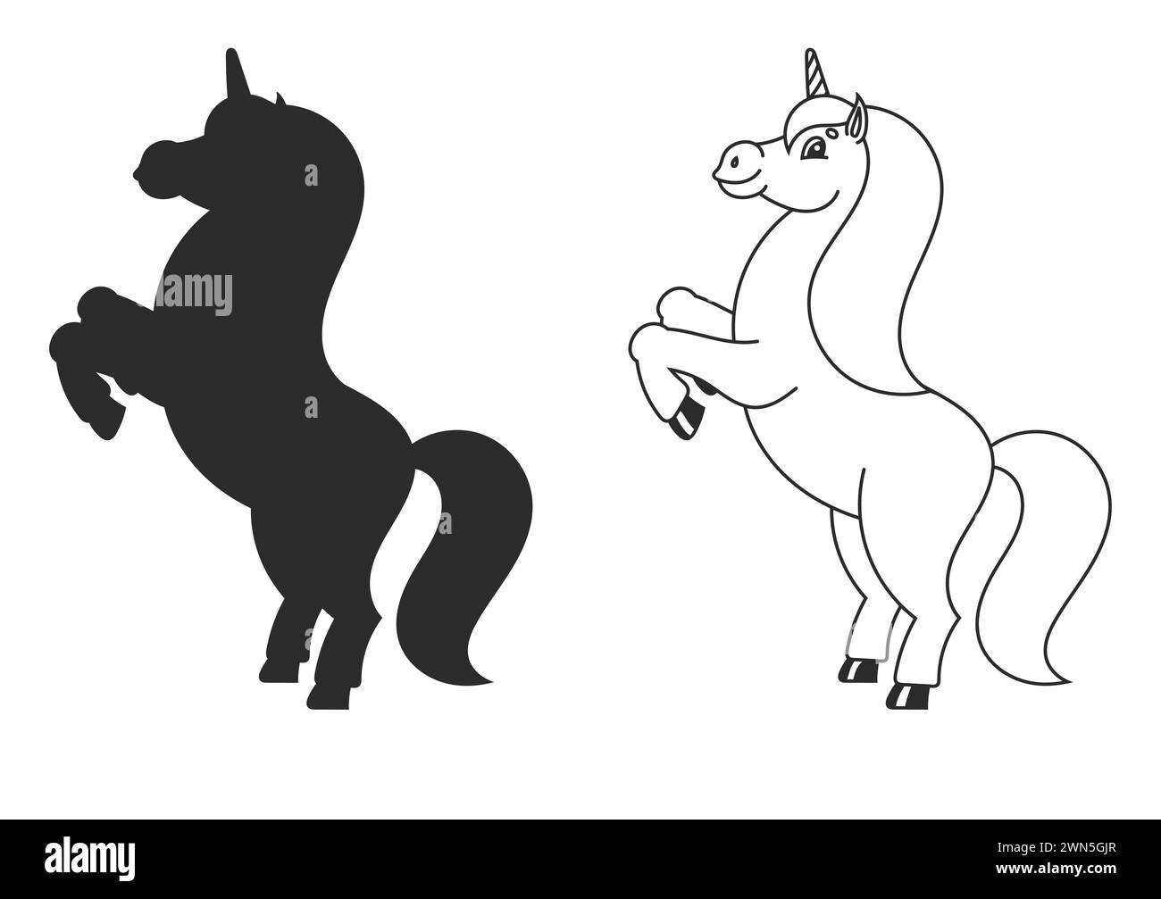 Malbuch für Kinder. Das magische Einhorn hat sich aufgezogen. Das Tierpferd steht auf seinen Hinterbeinen. Zeichentrickstil. Einfache Illustration des flachen Vektors. Stock Vektor