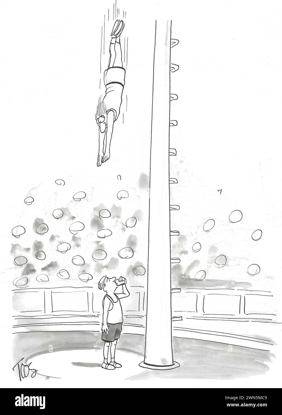 BW Cartoon eines Mannes, der einen hohen Tauchgang in einen Wasserbecher macht, aber ein Fremder weiß es nicht und trinkt aus dem Wasserbecher. Stockfoto