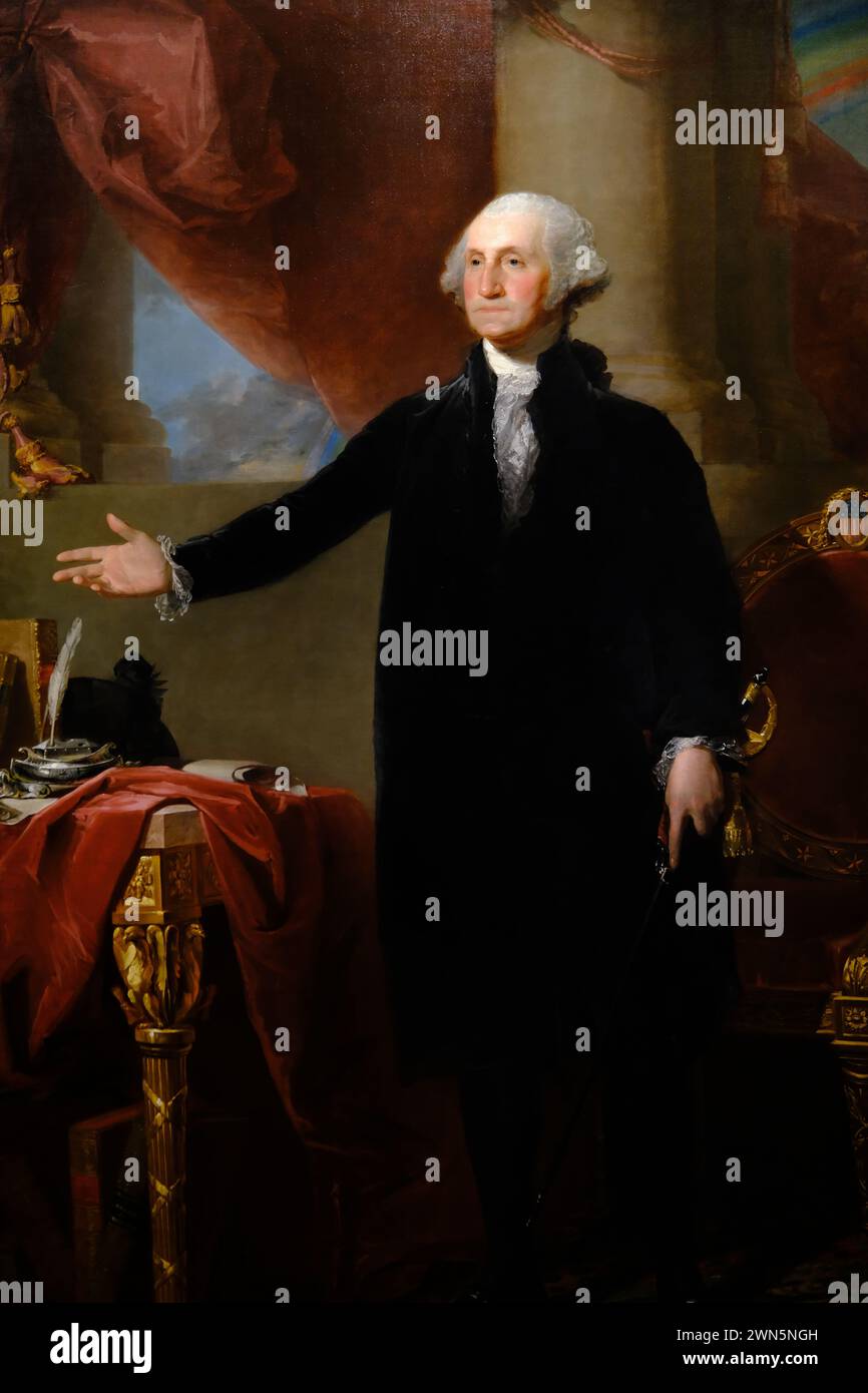 Das Ölgemälde von George Washington (Lansdowne Portrait) des US-amerikanischen Künstlers Gilbert Stuart, das 1796 in der National Portrait Gallery in Washington DC.USA ausgestellt wurde Stockfoto