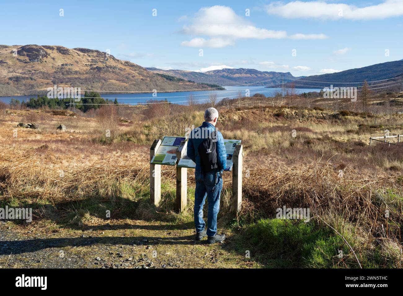Visuelle Auswirkungen von Strommasten und Kabeln auf Ben Venue, aus Sicht des Great Trossachs Path, Loch Lomond und des Trossachs National Park Stockfoto