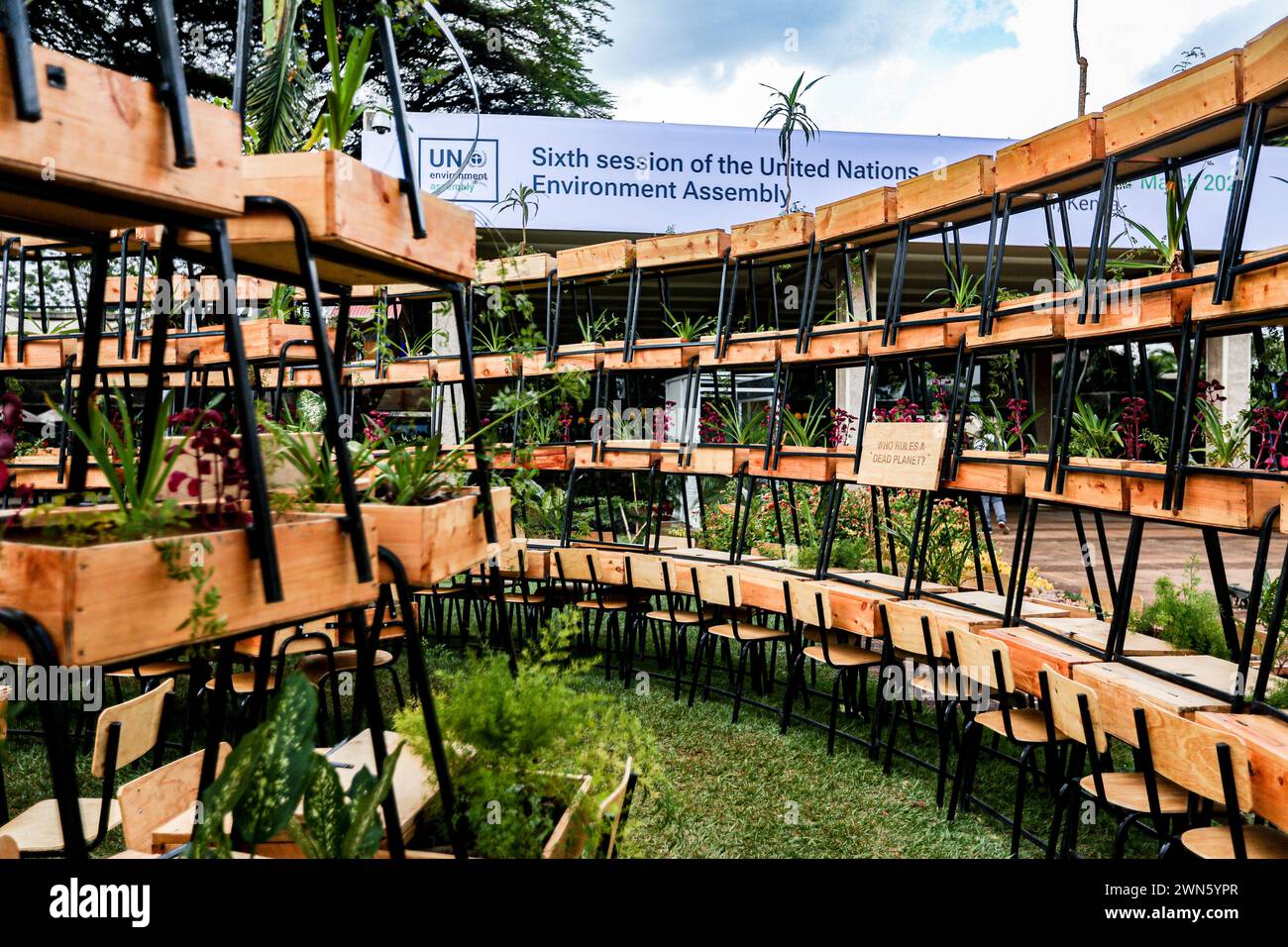 Nairobi, Nairobi, Kenia. Februar 2024. Eine Ausstellung mit Schreibtischen und Pflanzen, die sich auf Bildung und Natur während der 6. UN-Umweltversammlung im UN-Gelände in Nairobi konzentrierte. Die zweiwöchige Veranstaltung konzentrierte sich auf die globalen grundlegenden Anliegen Umwelt, Klima und Tierwelt, die Nationen in multilateralen Diskussionen und künftigen Entscheidungen zusammenbringen. (Kreditbild: © Bianca Otero/ZUMA Press Wire) NUR REDAKTIONELLE VERWENDUNG! Nicht für kommerzielle ZWECKE! Stockfoto