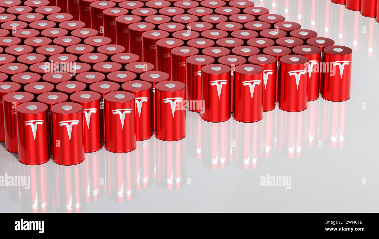 Lithium-Ionen-Akku rot 4680 Tesla, Akkumulatorzellen mit hoher Kapazität, Tischzelle, Energiespeicher, Elektrofahrzeugproduktion, High Tech A Stockfoto