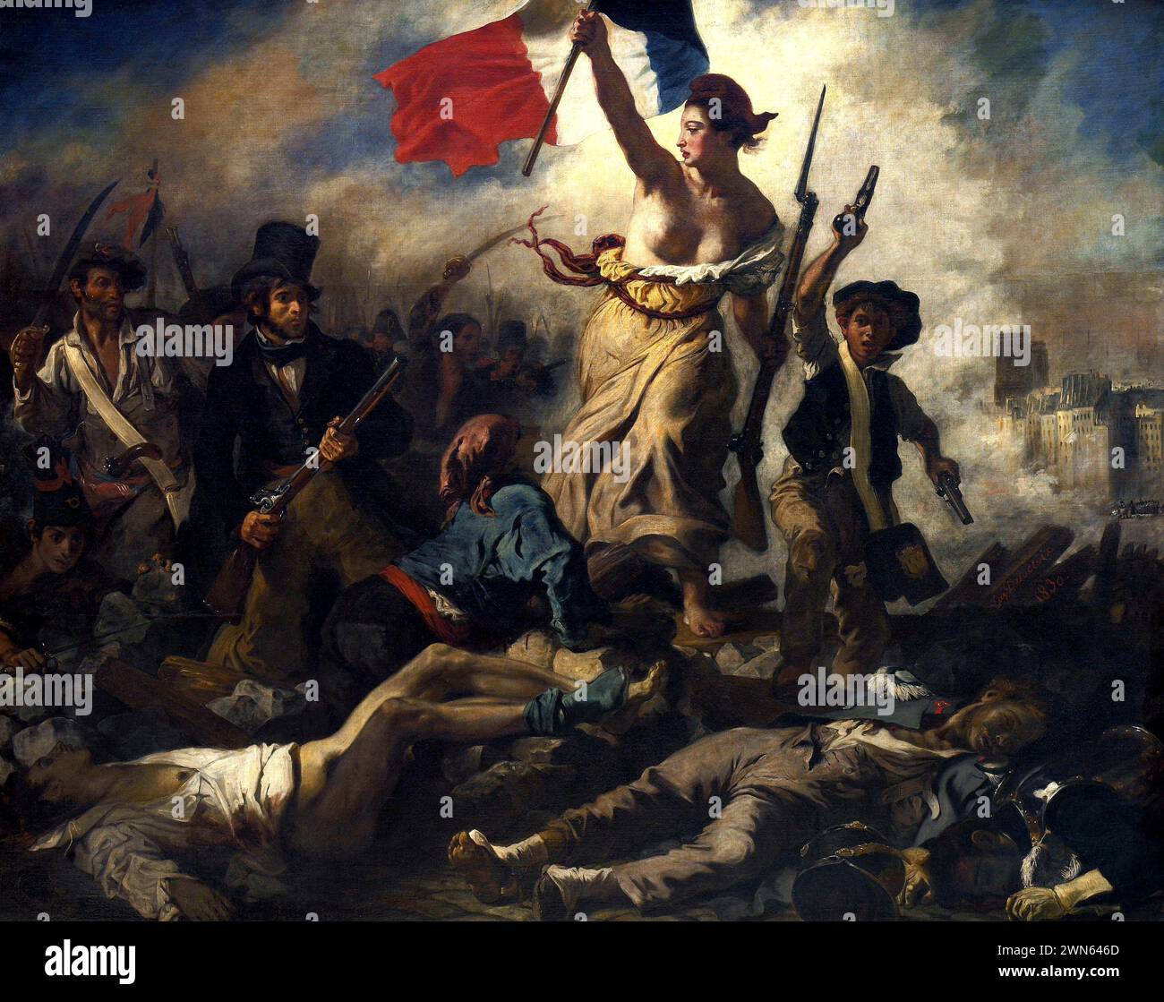 Romantische Geschichtsmalerei. Erinnert an die Französische Revolution von 1830 (Juli-Revolution) am 28. Juli 1830. Die Freiheit führt das Volk Eugène Delacroix an Stockfoto