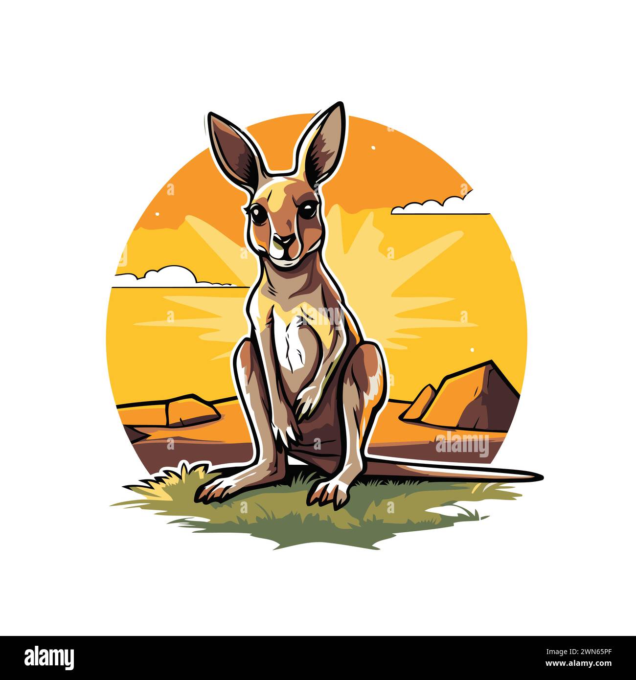 Känguru auf der Wiese bei Sonnenuntergang. Vektorabbildung. Stock Vektor