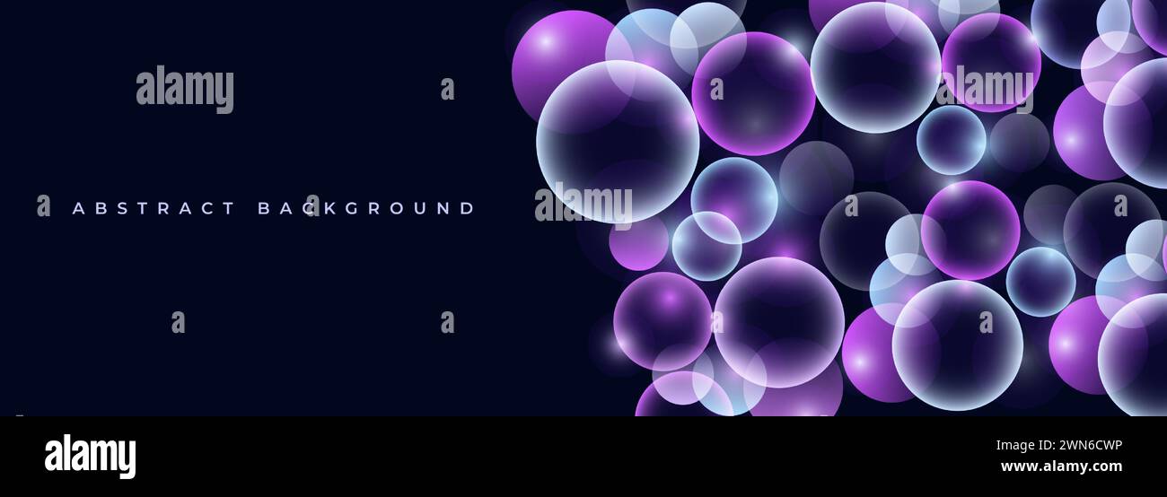 Schwarzer dynamischer abstrakter Hintergrund mit lila 3D-Kreisen. Breites horizontales Banner mit flüssigen violetten Luftpolsterformen. Vektorabbildung Stock Vektor