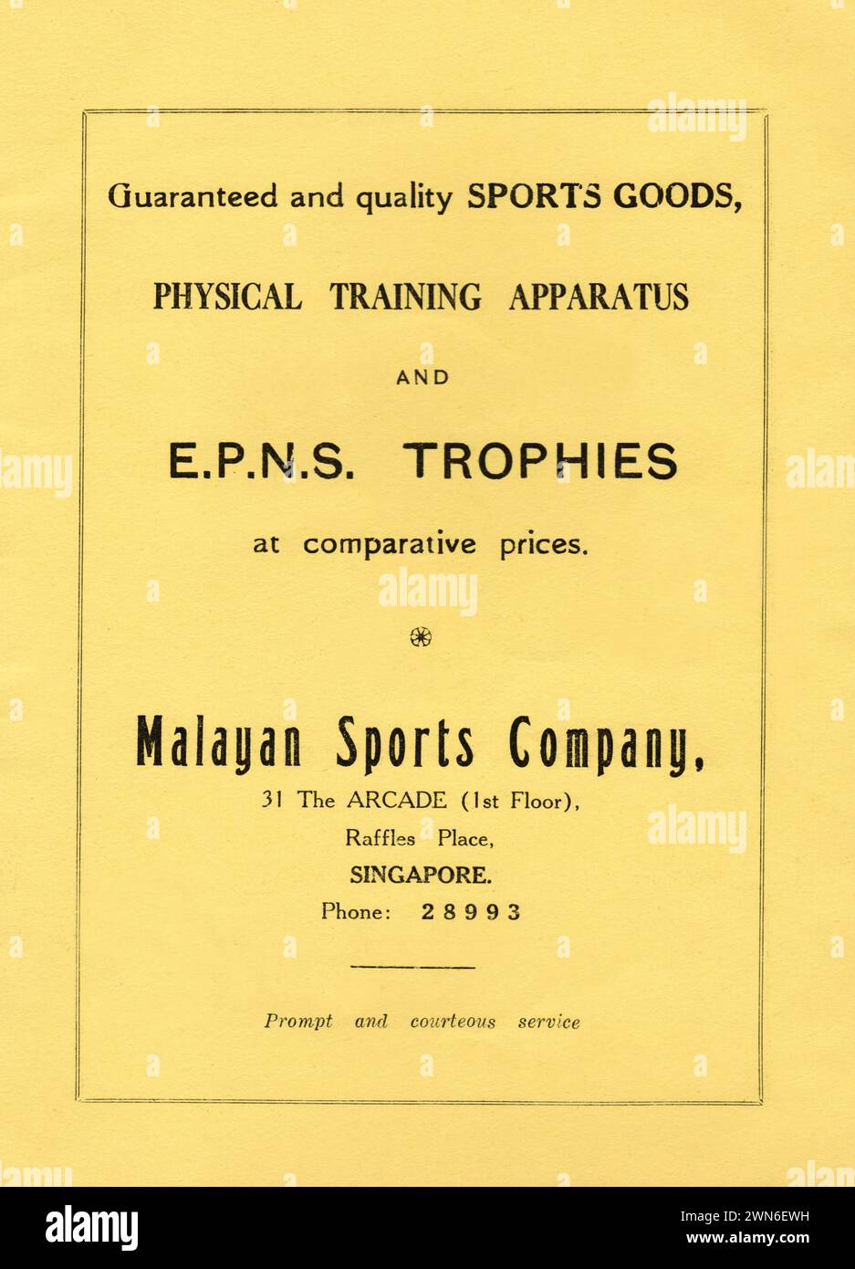 Vintage-Werbung der Malayan Sports Company für Sportartikel, Sportgeräte und E.P.N.S. Trophies in Singapur 1957. Stockfoto