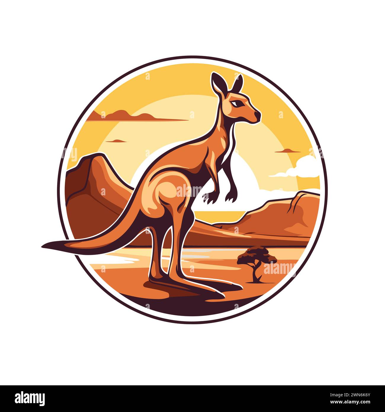 Känguru in der Wüste bei Sonnenuntergang. Vektorabbildung. Stock Vektor