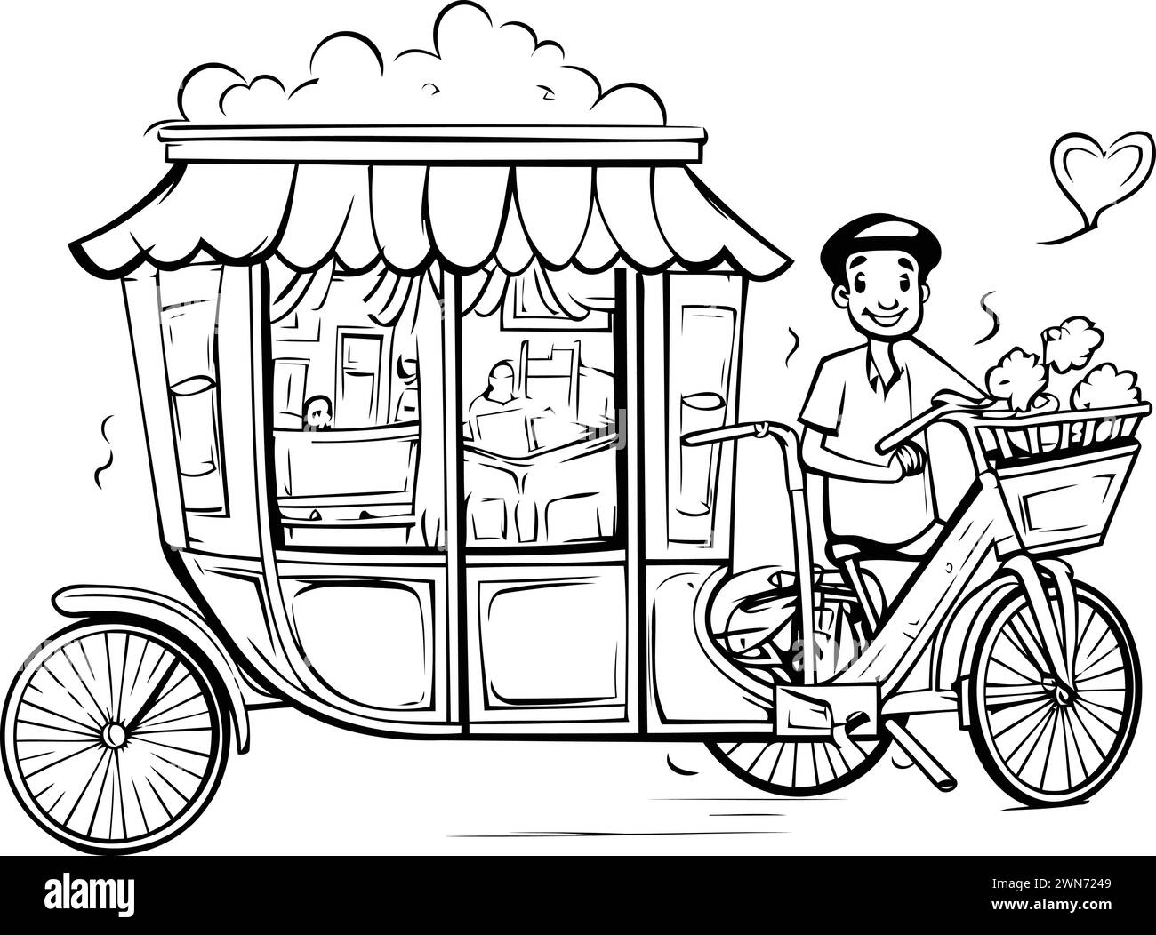 Vektor-Illustration eines Mannes, der auf einem Dreirad reitet und Nahrung liefert. Stock Vektor