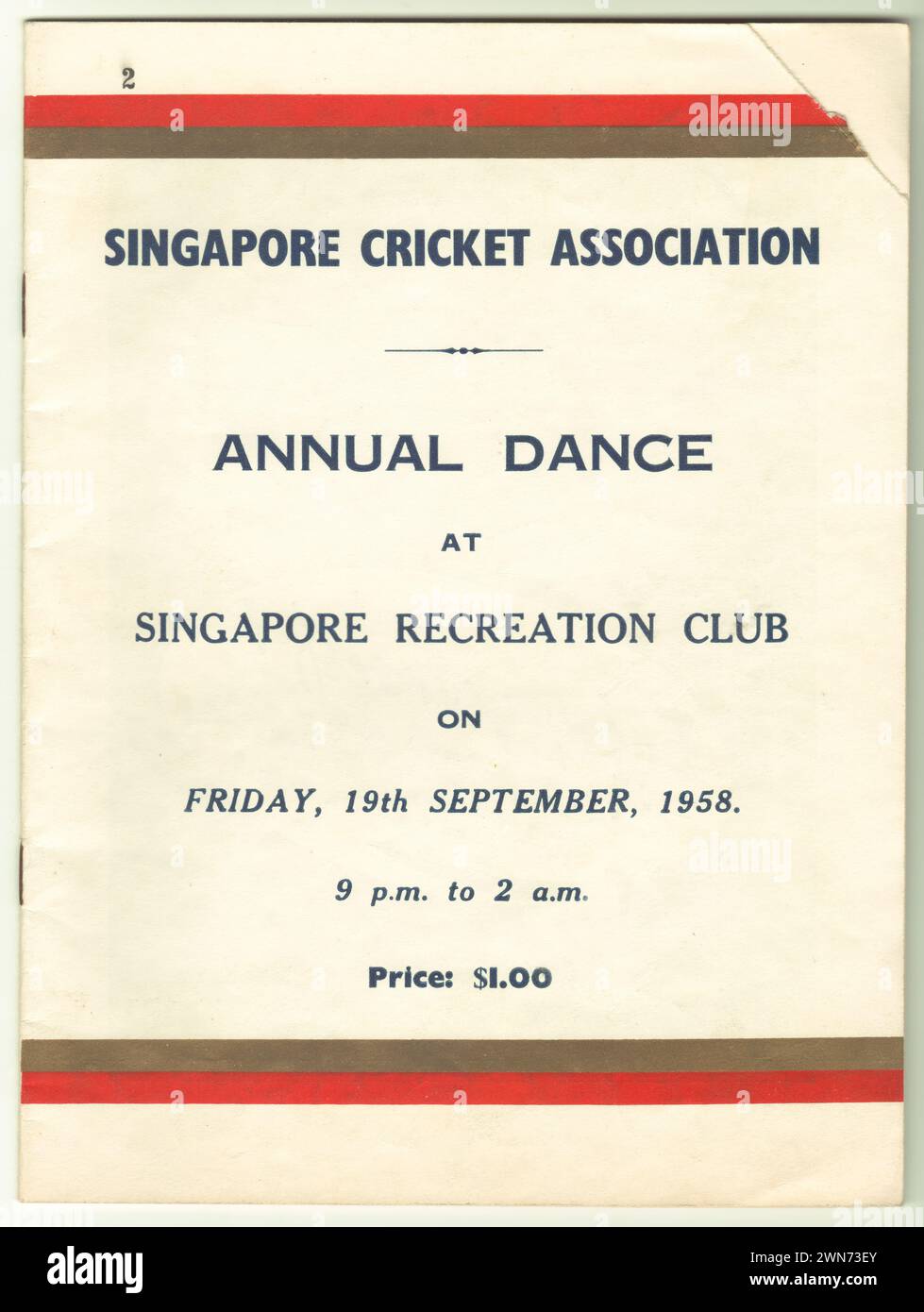 Old Singapore Cricket Association Booklet für den jährlichen Tanz am 19. September 1958 im Singapore Recreation Club. Stockfoto