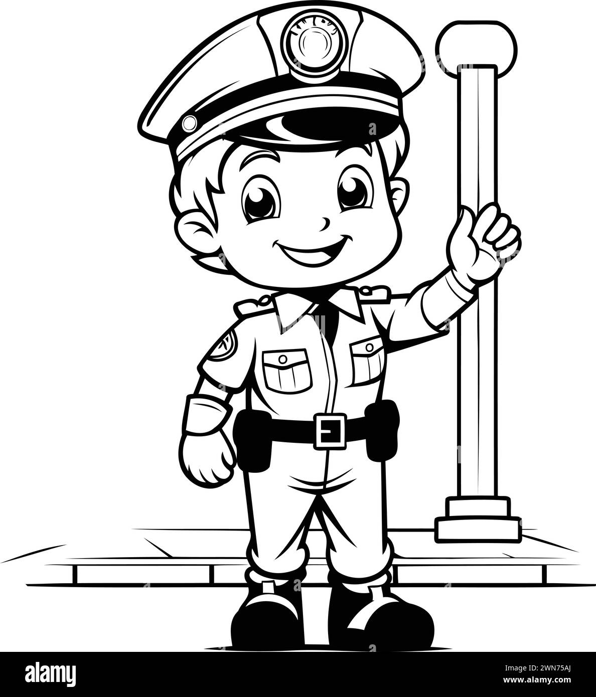 Schwarz-weiß-Zeichentrick-Illustration eines kleinen Polizisten oder Polizisten Figur für Malbuch Stock Vektor