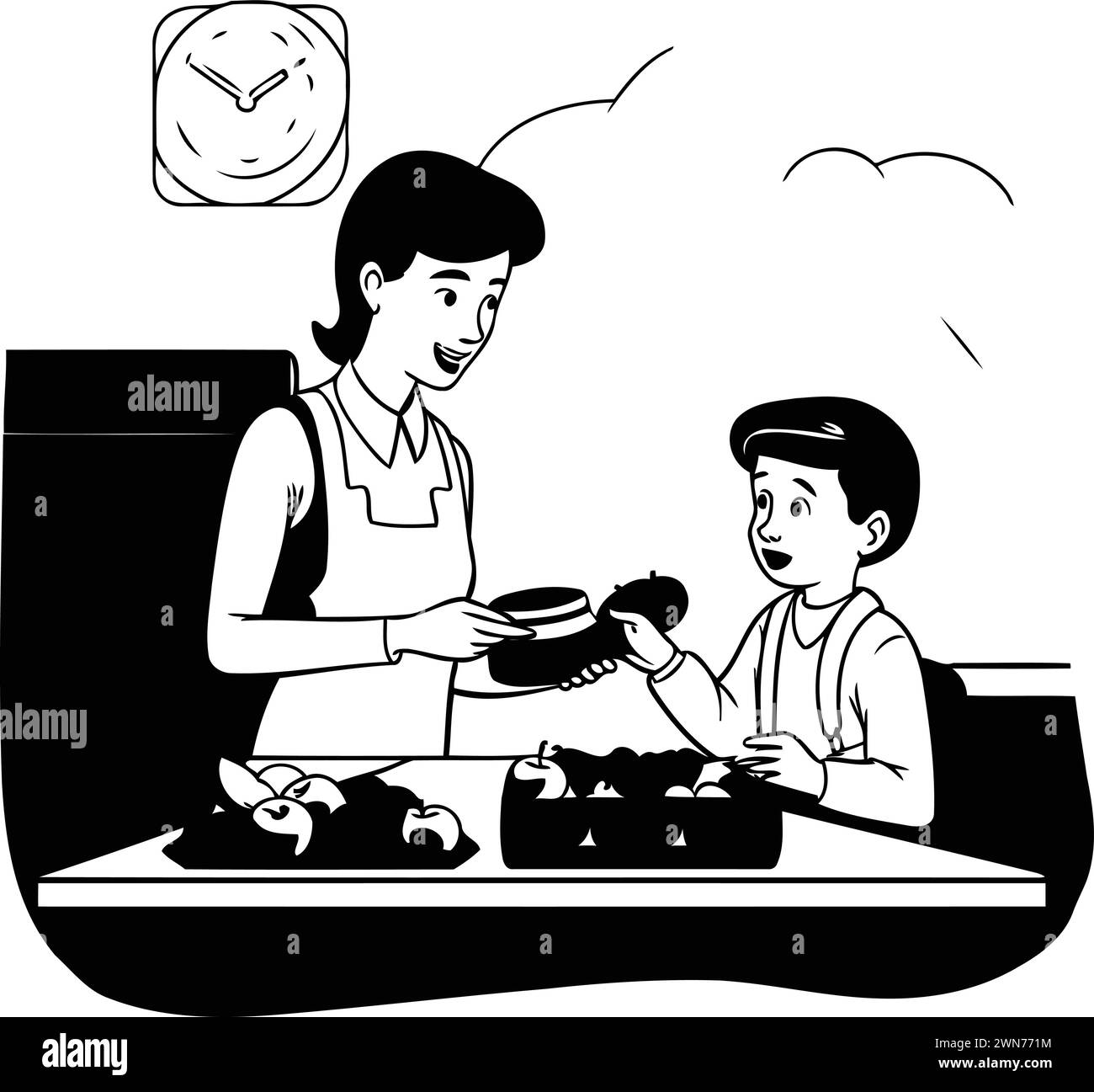 Mutter und Sohn kochen zusammen in der Küche zu Hause. Schwarz-weiß-Vektorillustration. Stock Vektor