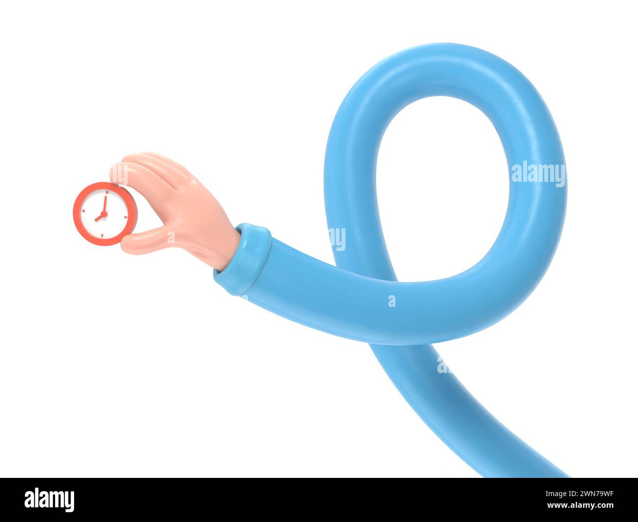 Cartoon Gesture Symbol Mockup.Cartoon Hand mit einer Stoppuhr.3D Rendering auf weißem Hintergrund.Long Arms Konzept. Stockfoto