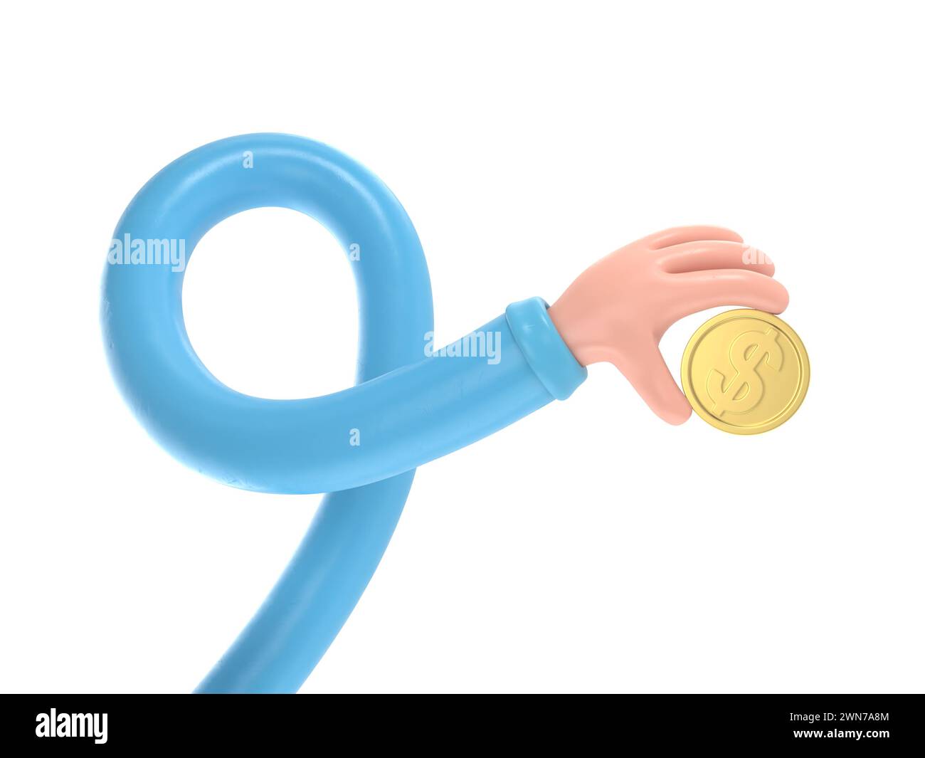 Cartoon Geste Icon Mockup.3D Icon Hand mit Goldmünze. Money Concept, Design-Element mit goldenen Münzen, 3D-Rendering auf weißem Hintergrund. Lange Arme Stockfoto