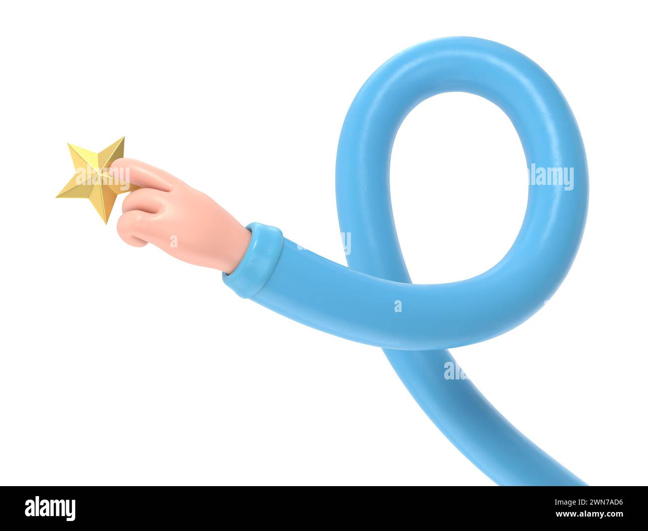 Cartoon Gesture Icon Mockup.Holen Sie sich den Stern. Reichweite. 3D-Rendering auf weißem Hintergrund.Long Arms Concept. Stockfoto