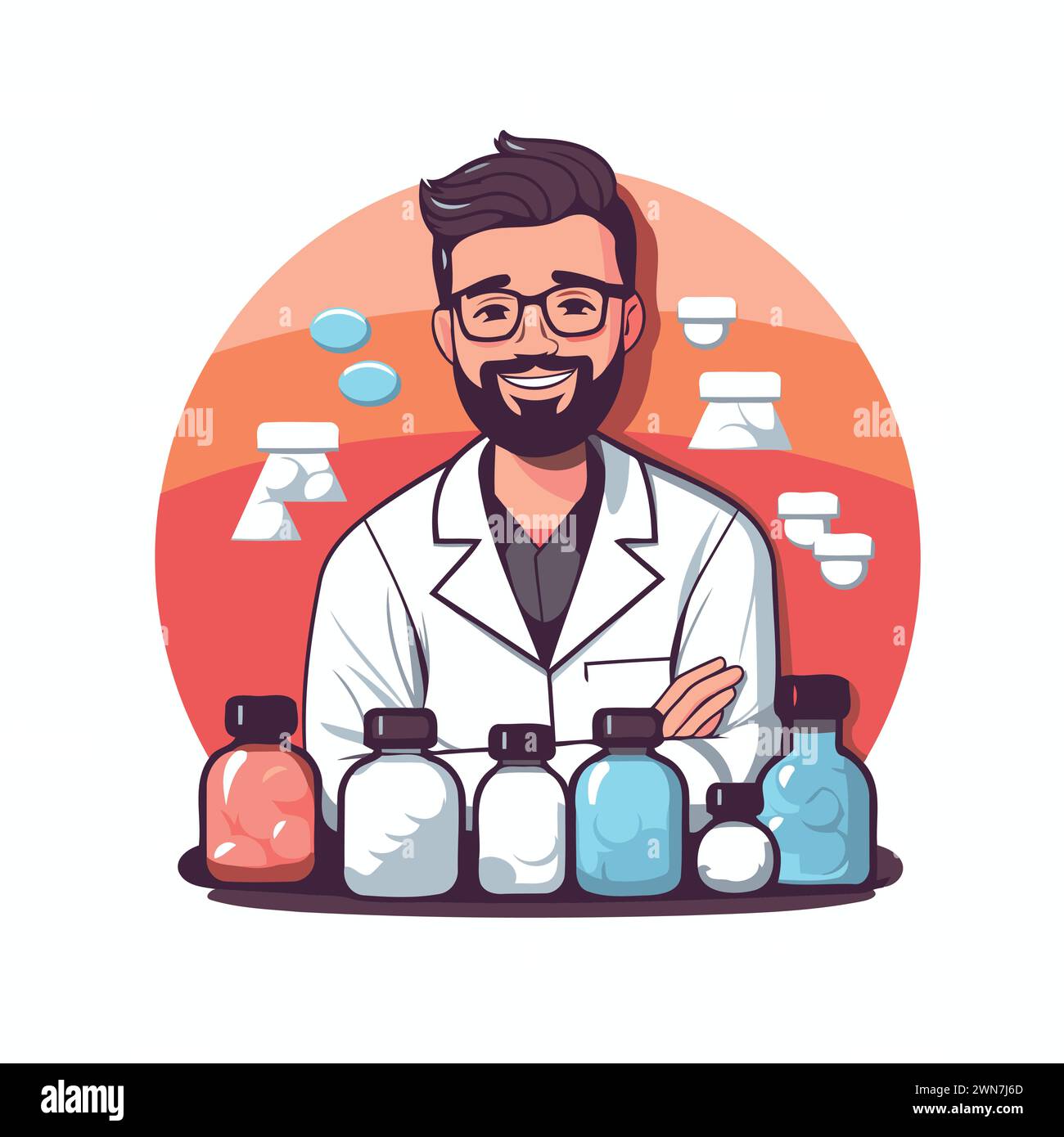 Apotheker mit Arzneimittelflaschen. Vektorillustration im Cartoon-Stil. Stock Vektor