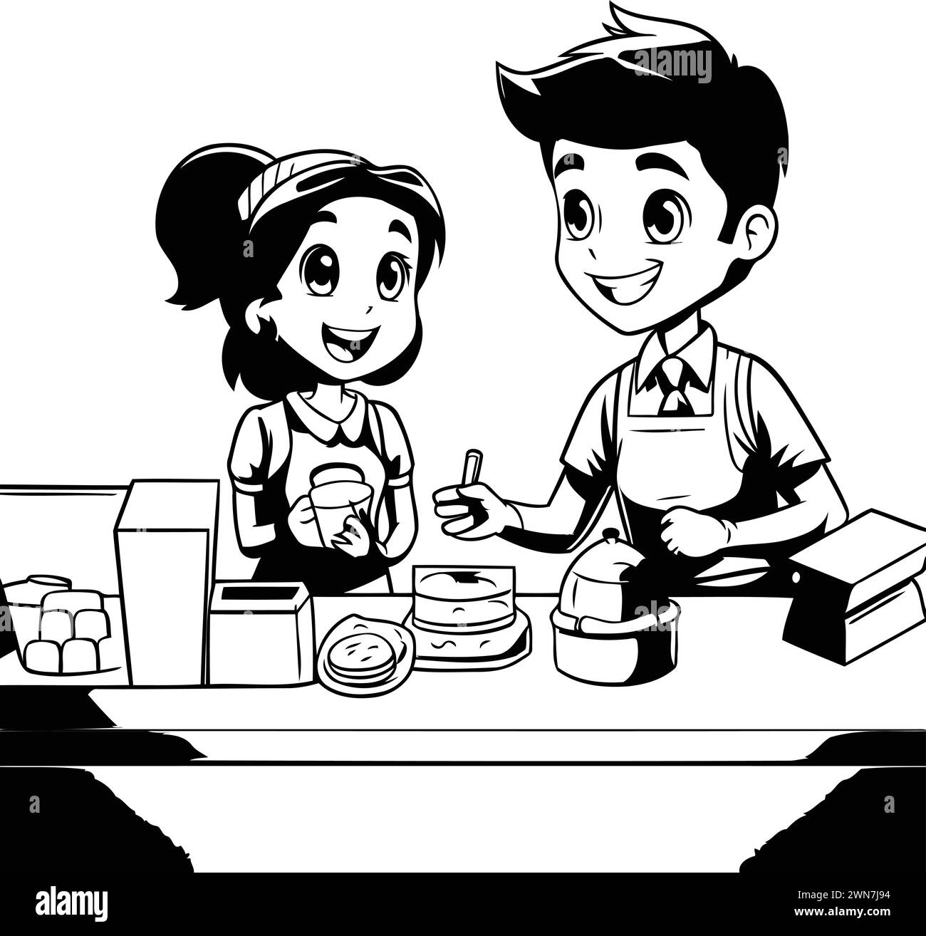 Nettes kleines Mädchen und Junge kochen zusammen in der Küche Vektor Illustration grafisches Design Stock Vektor