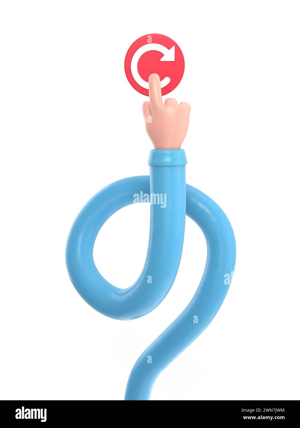 Neustartkonzept. Technologie wird neu gestartet. Drücken Sie mit der Hand den großen roten Knopf. 3D-Illustration flache Konstruktion.3D-Rendering auf weißem Hintergrund.Long Arms Concept. Stockfoto