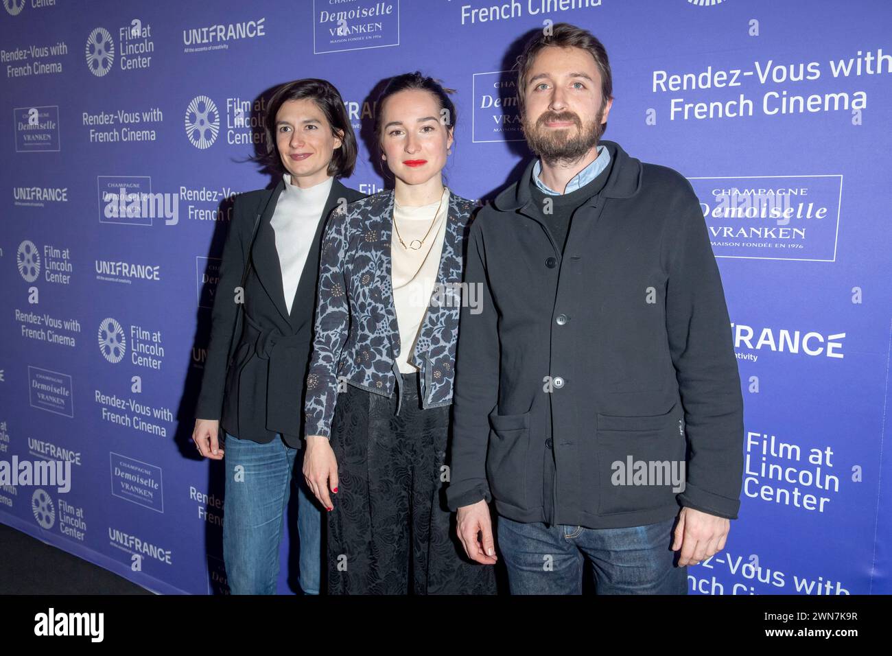 New York, Usa. Februar 2024. (L-R) Alice Bloch, Iris Kaltenbäck und Thierry de Clermont-Tonnerre nehmen am 29. Rendez-Vous mit French Cinema Showcase Opening Night im Walter Reade Theater in New York City Teil. (Foto: Ron Adar/SOPA Images/SIPA USA) Credit: SIPA USA/Alamy Live News Stockfoto