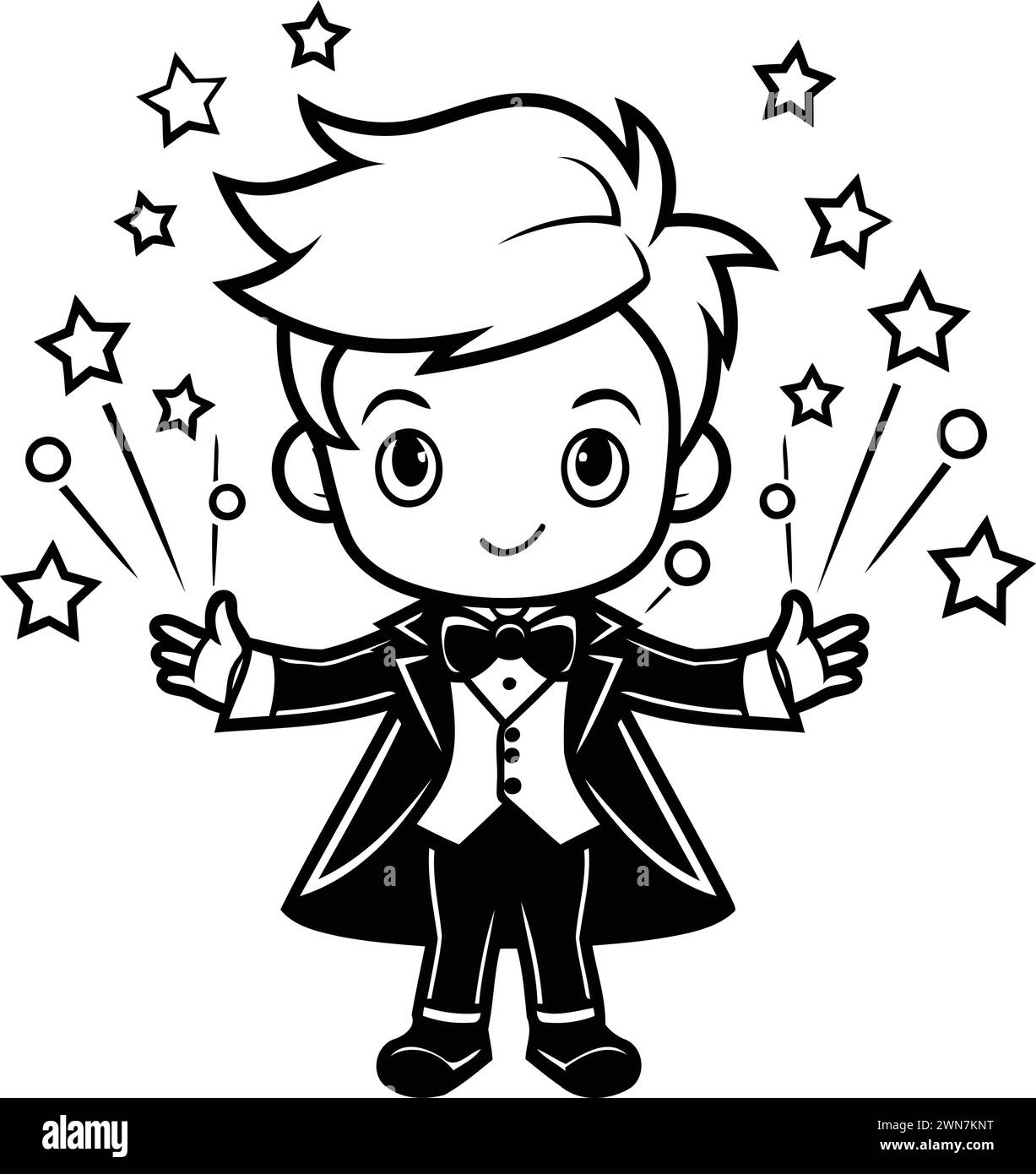 Schwarz-weiß-Zeichentrick-Illustration eines Jungen, der einen Tuxedo mit Funkeln oder Feuerwerk trägt Stock Vektor