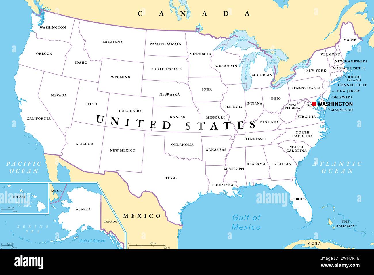 Vereinigte Staaten von Amerika, politische Karte. Fünfzig staaten mit ihren eigenen geografischen Gebieten und Grenzen, die zu einer union zusammengebunden sind. Stockfoto
