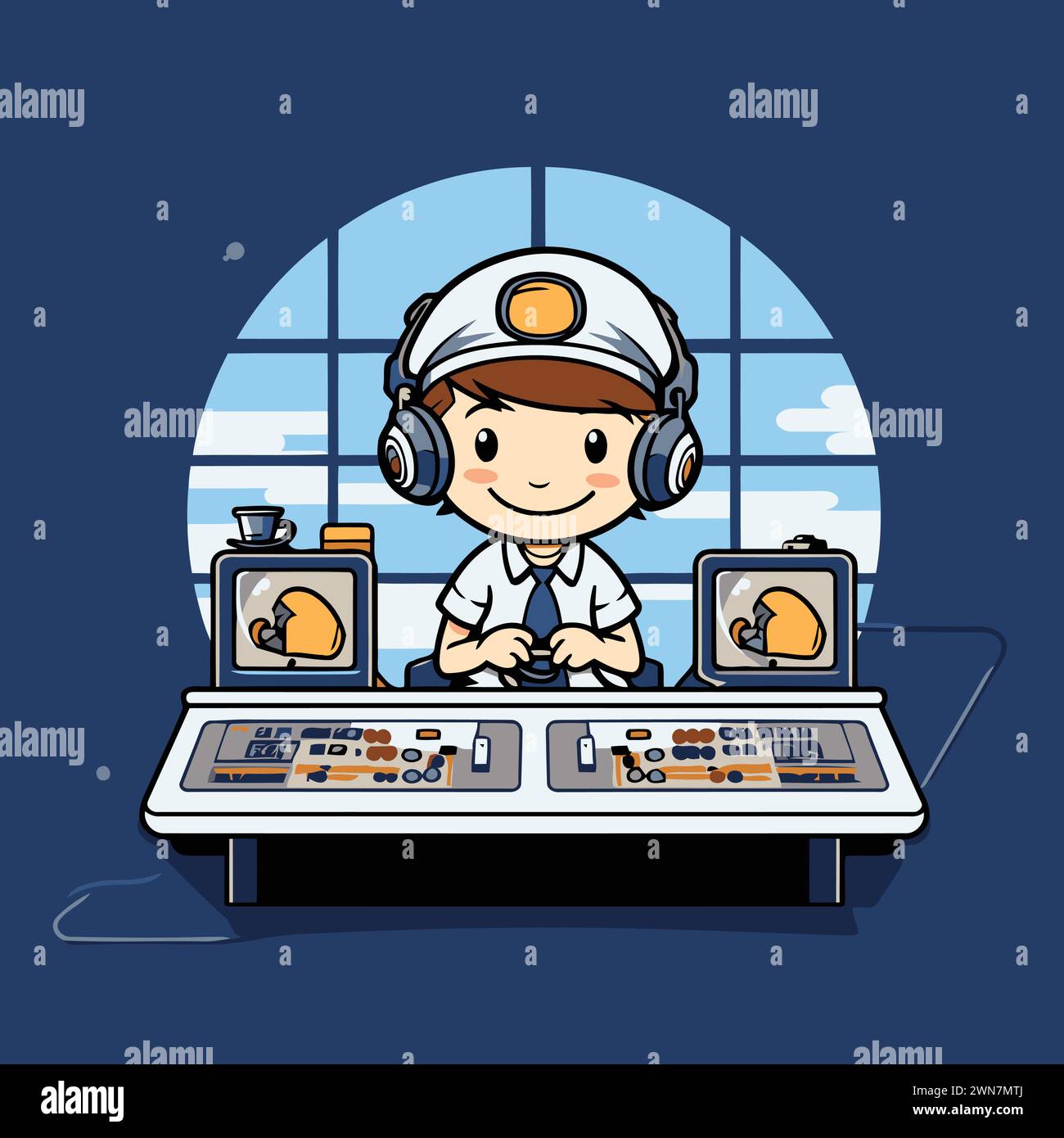 Illustration eines Jungen in Pilotenuniform, der Videospiele spielt Stock Vektor